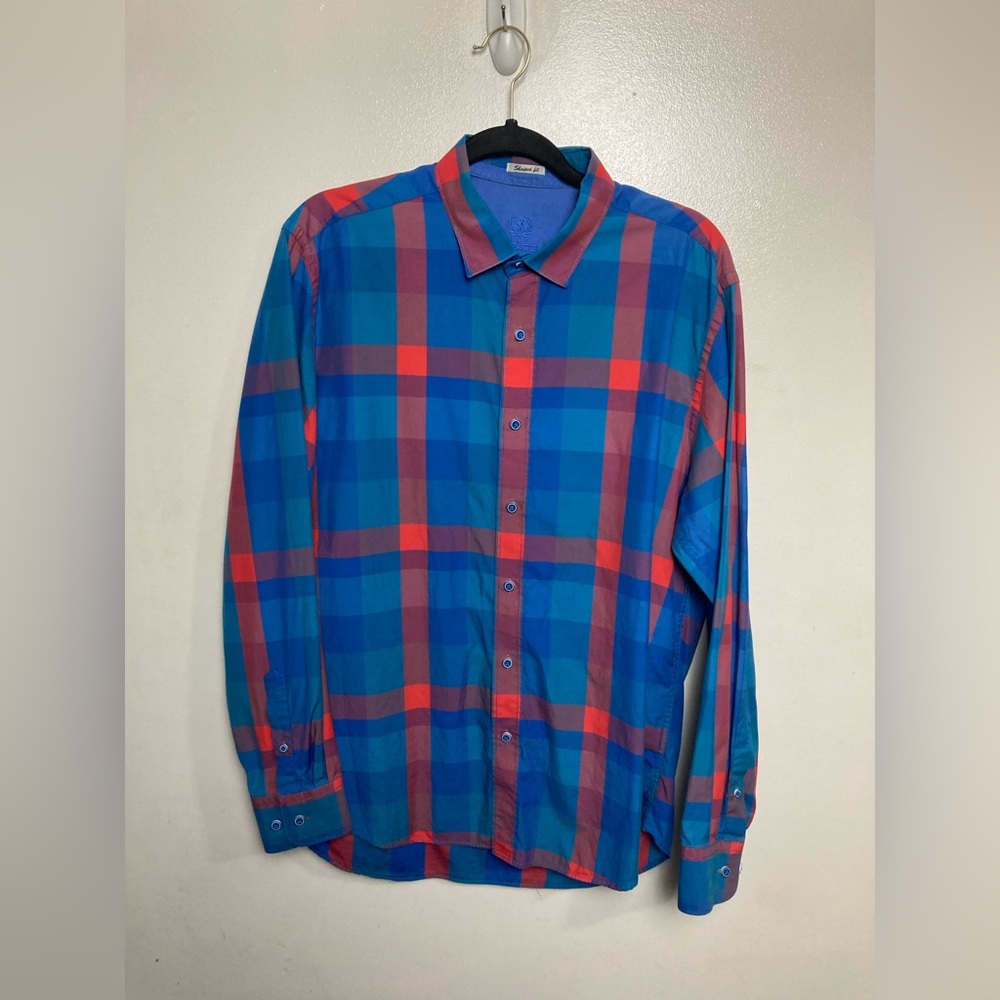 Bugatchi blue/red/green plaid shaped fit long sleeve button up. Large - Picture 2 of 6